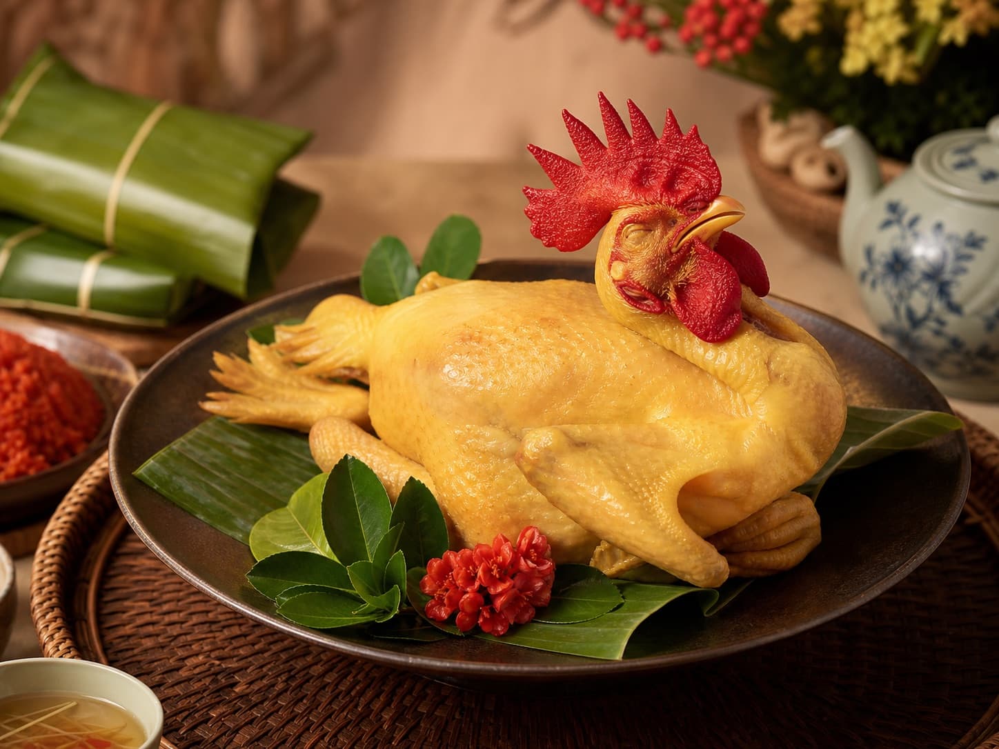 Gà trống cúng được trình bày trang trọng trên đĩa sứ tối màu